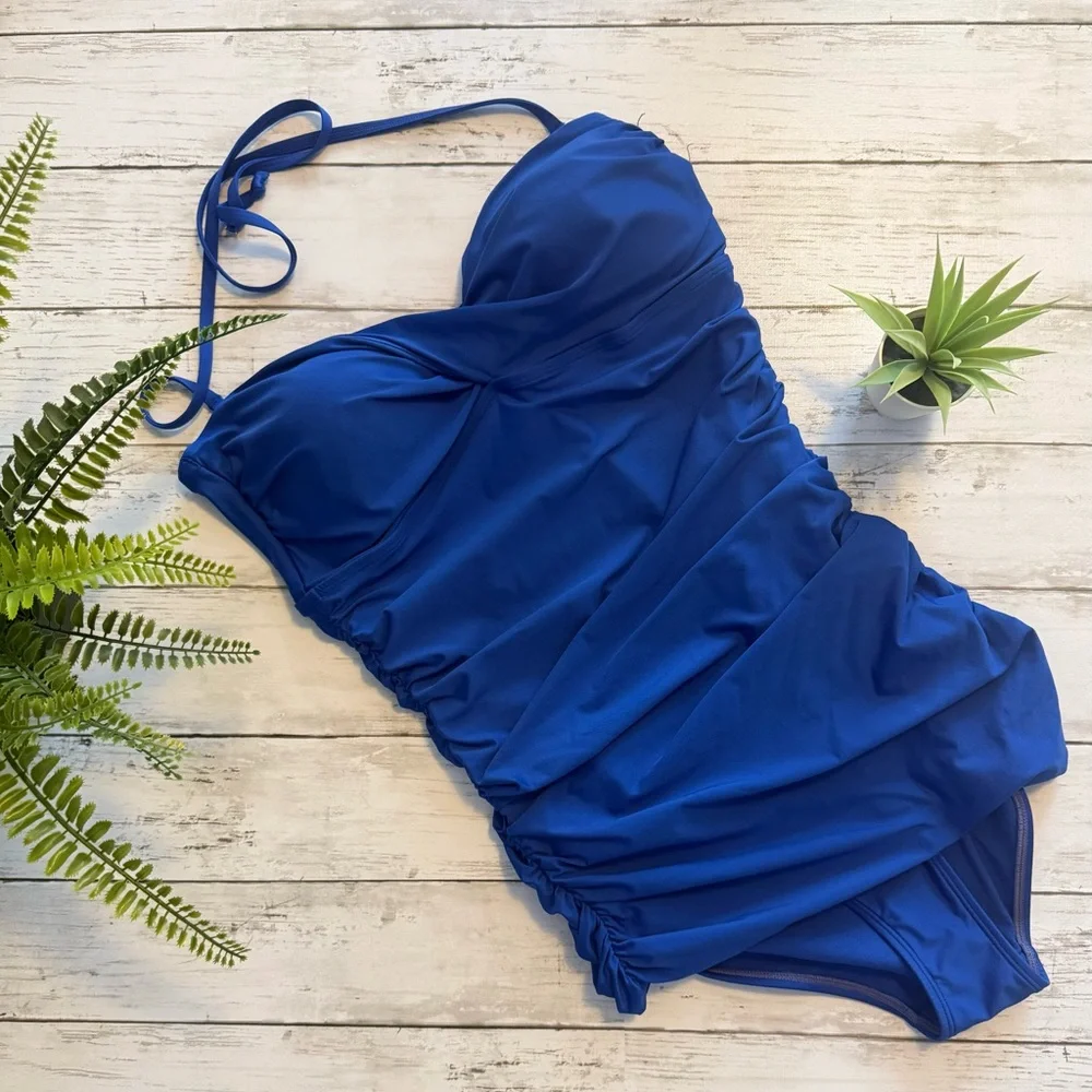 Cobalt Blue Ruched Swimdress - One-Piece Swimsuit w/ Halter Tie - Size M - Picture 1 of 3
